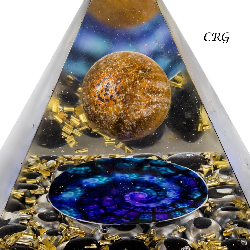 QTY 1 - Black Obsidian Orgonite Pyramid with Tiger's Eye Sphere / 3-4" AVG