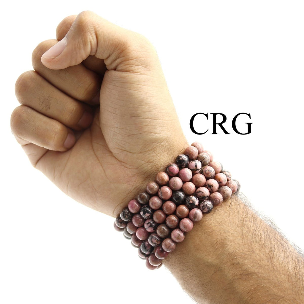 QTY 1 - Black Stripe Rhodonite Stretch Bracelet / 8 mm Round Beads