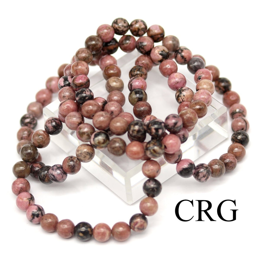 QTY 1 - Black Stripe Rhodonite Stretch Bracelet / 8 mm Round Beads