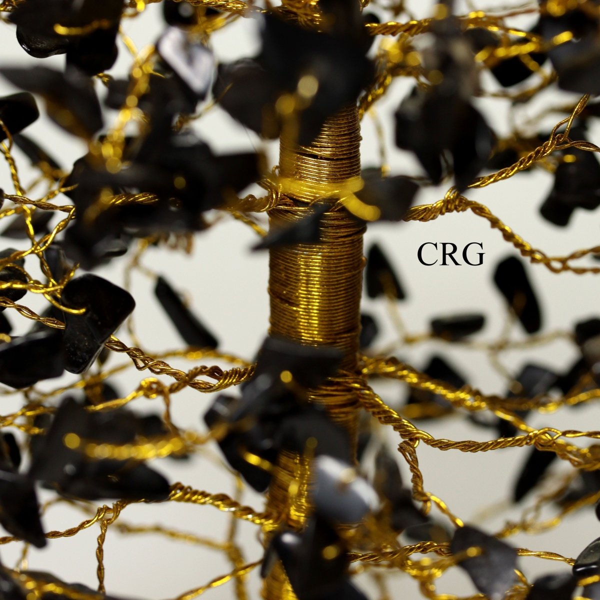 QTY 1 - Black Tourmaline 500 Gem Tree with Wood Base and Gold Wire / 12-13" AVG