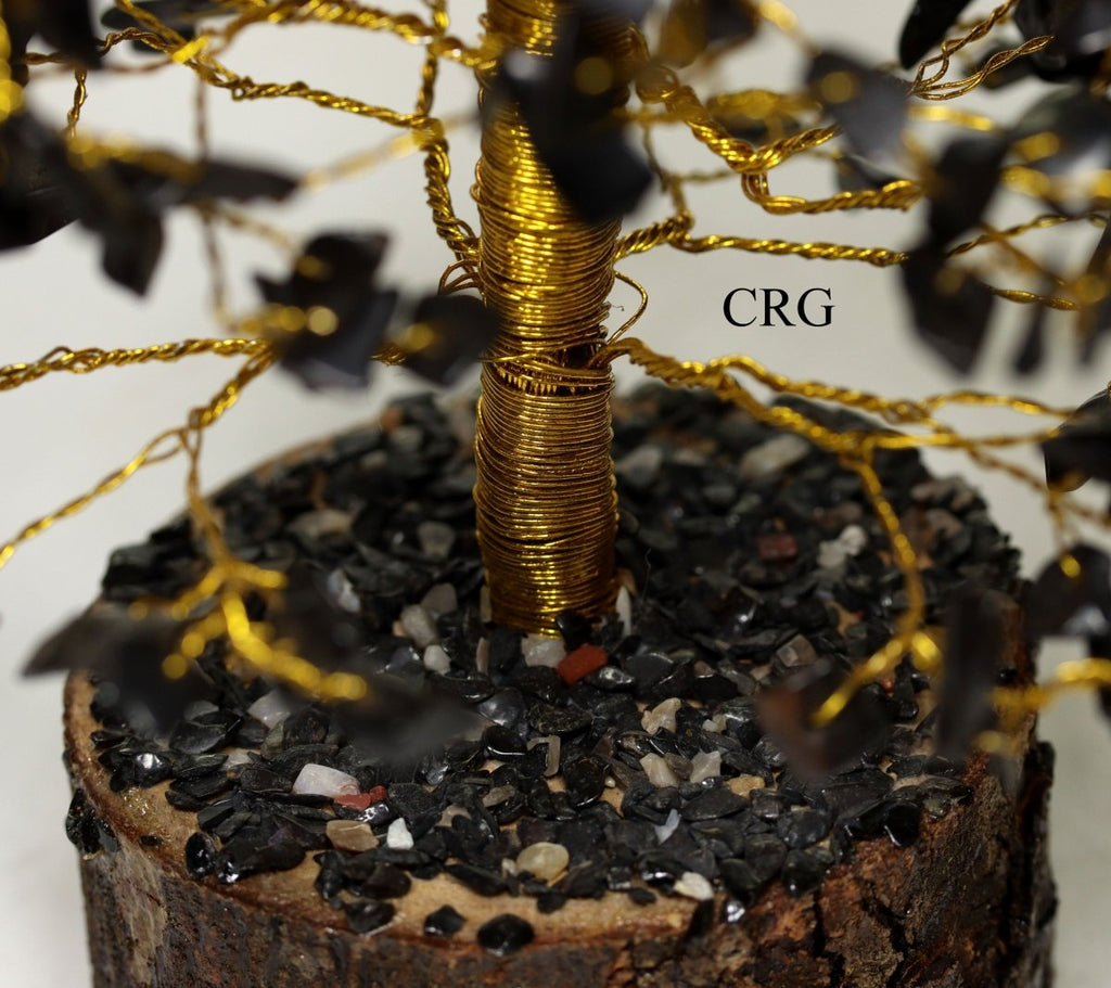 QTY 1 - Black Tourmaline 500 Gem Tree with Wood Base and Gold Wire / 12-13" AVG