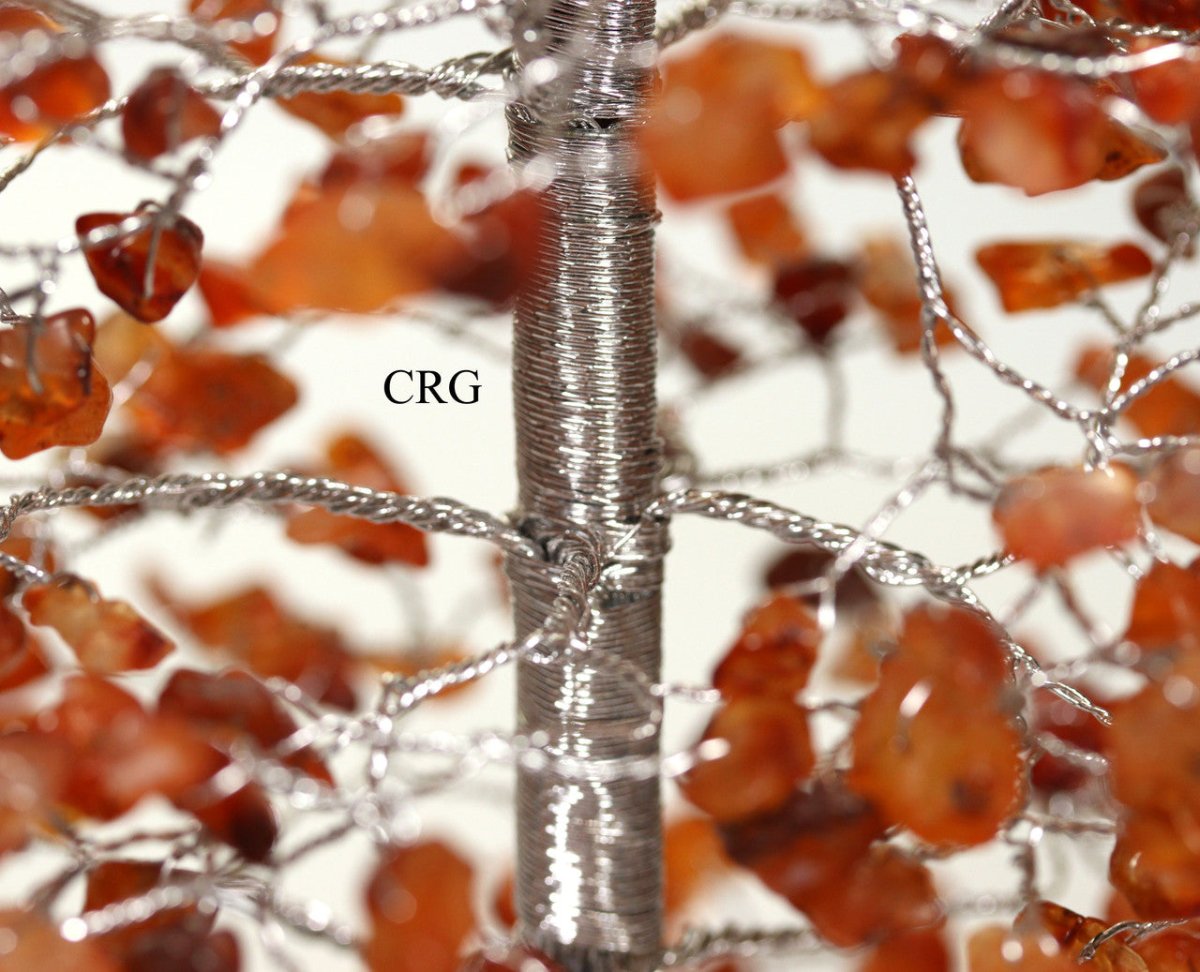 QTY 1 - Carnelian 500 Gem Tree with Wood Base and Silver Wire / 12-13" AVG