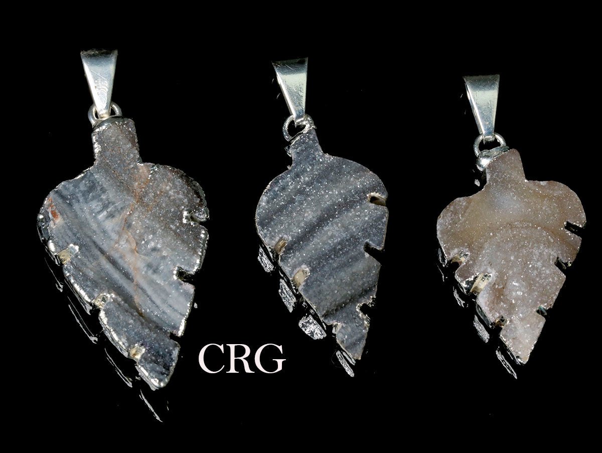 QTY 1 - Chalcedony Agate Druzy Leaf Pendant w/ Silver Plating