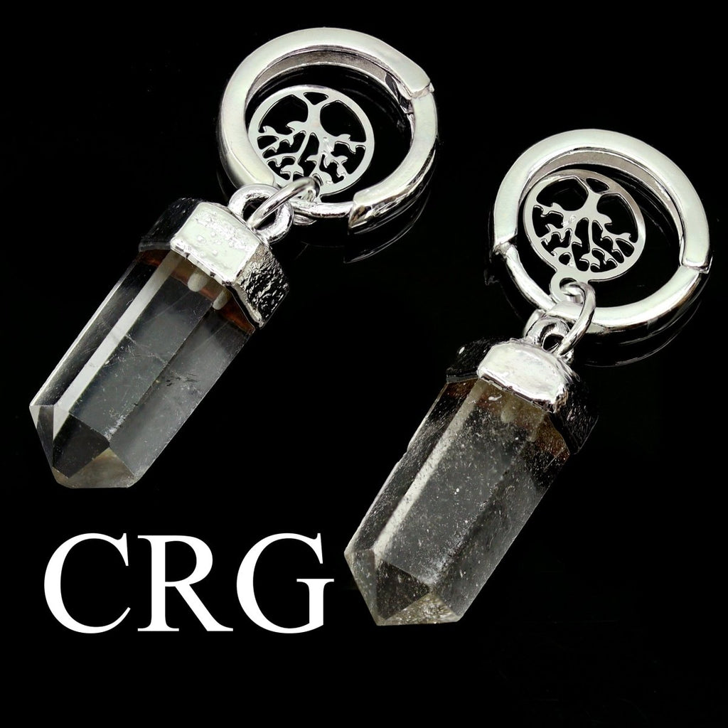 QTY 1 - Clear Quartz Point Earrings with Tree of Life Charm and Silver Plating / 1.25" AVG