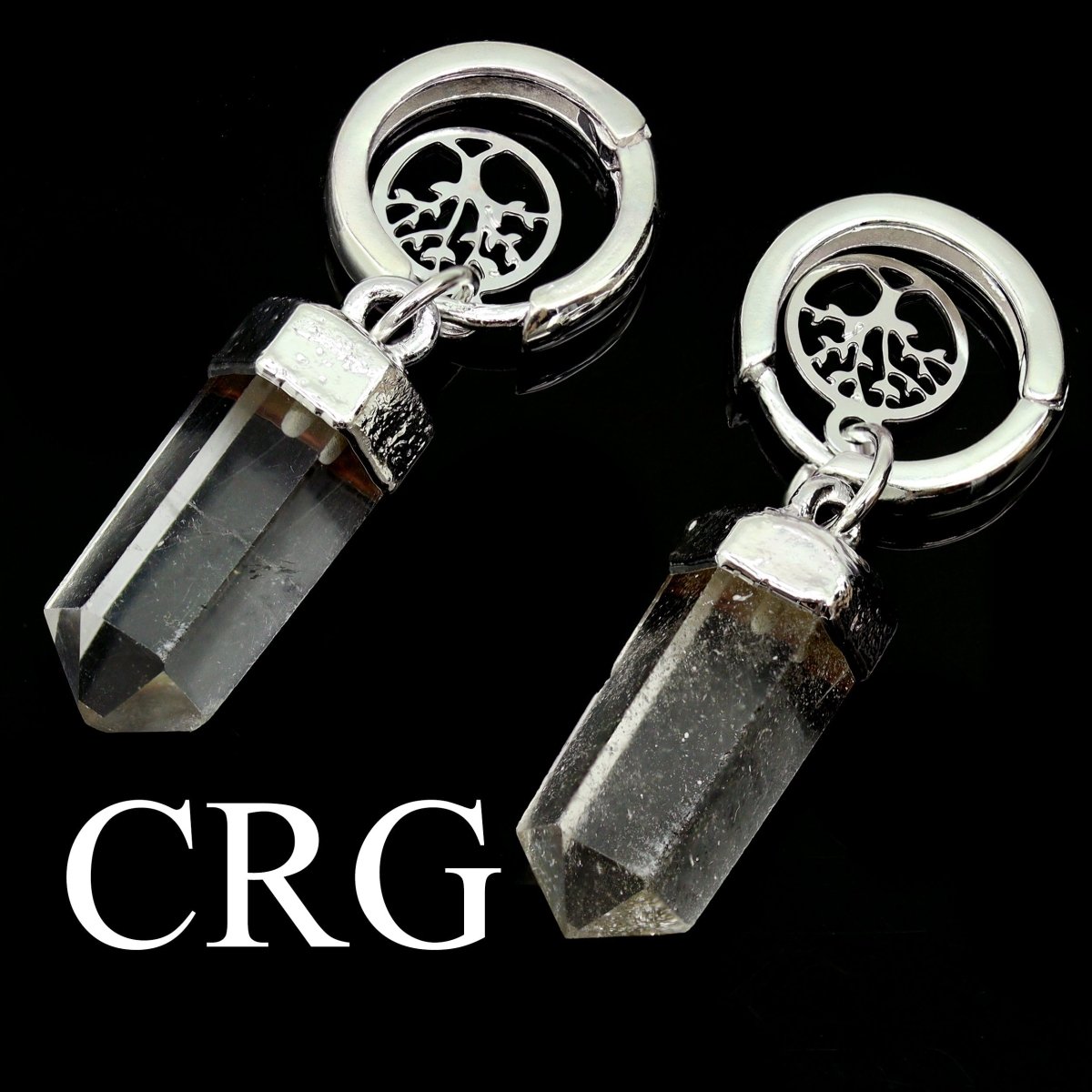 QTY 1 - Clear Quartz Point Earrings with Tree of Life Charm and Silver Plating / 1.25" AVG