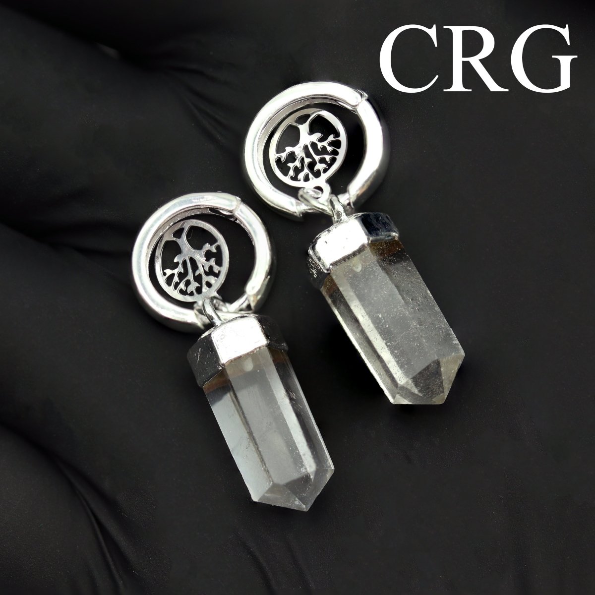 QTY 1 - Clear Quartz Point Earrings with Tree of Life Charm and Silver Plating / 1.25" AVG
