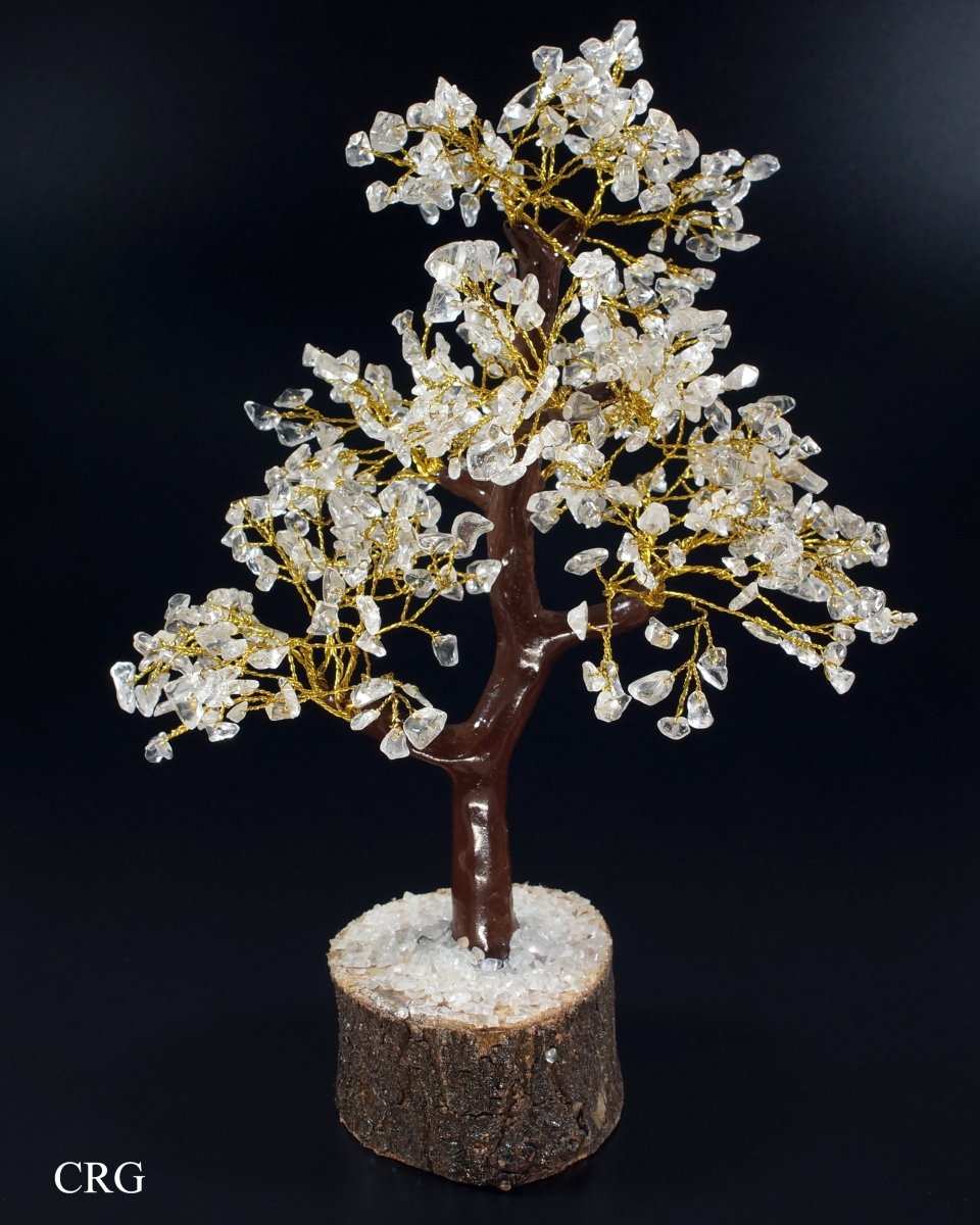 QTY 1 - Crystal Quartz Tree On Wood Base w/ Gold Wire