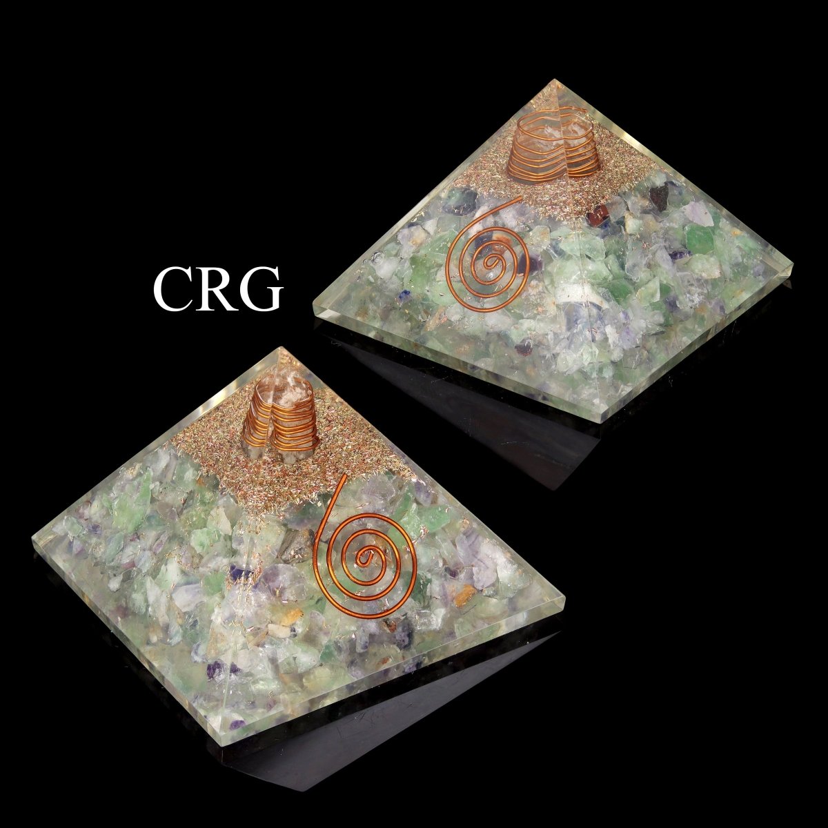 QTY 1 - Fluorite Chip Orgonite Pyramid with Copper / 3" AVG