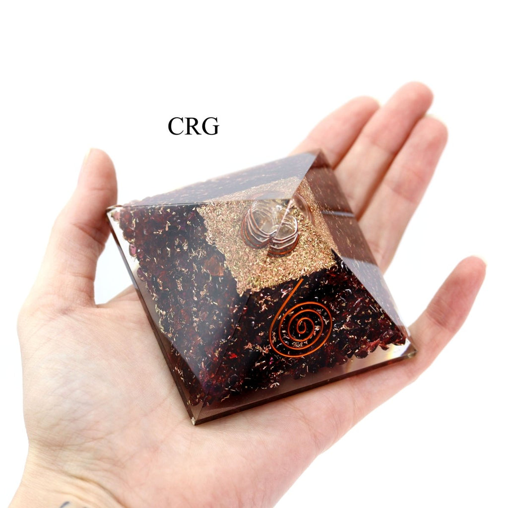QTY 1 - Garnet Chip Orgonite Pyramid with Copper / 3" AVG