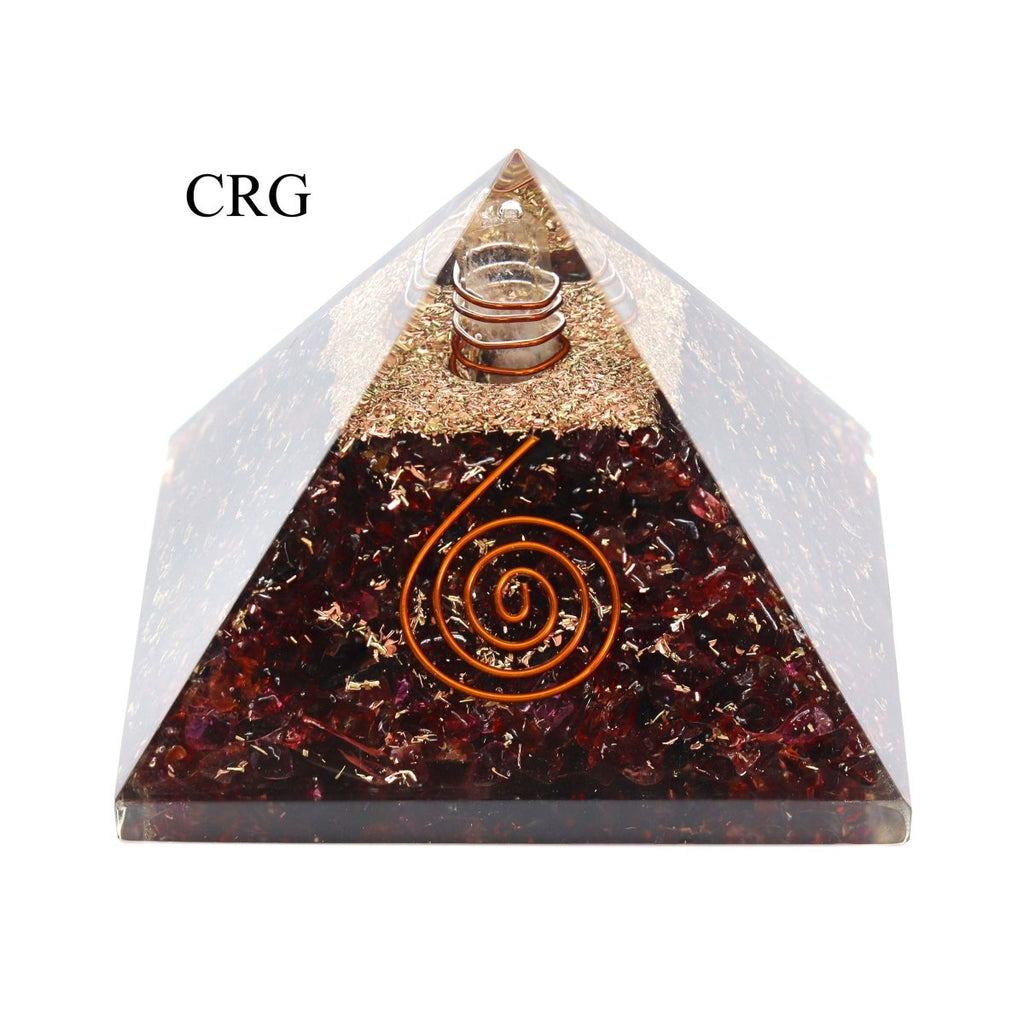 QTY 1 - Garnet Chip Orgonite Pyramid with Copper / 3" AVG