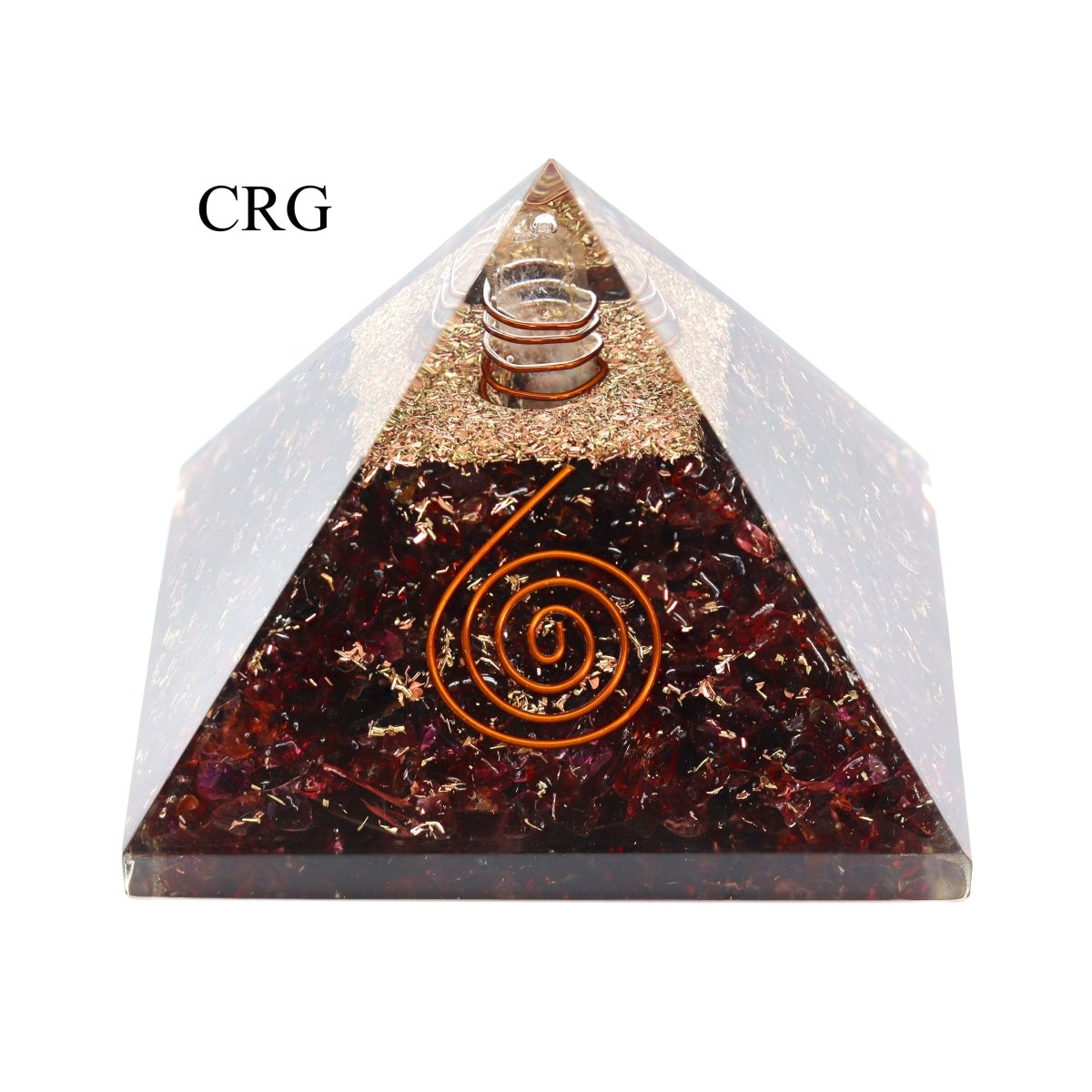 QTY 1 - Garnet Chip Orgonite Pyramid with Copper / 3" AVG
