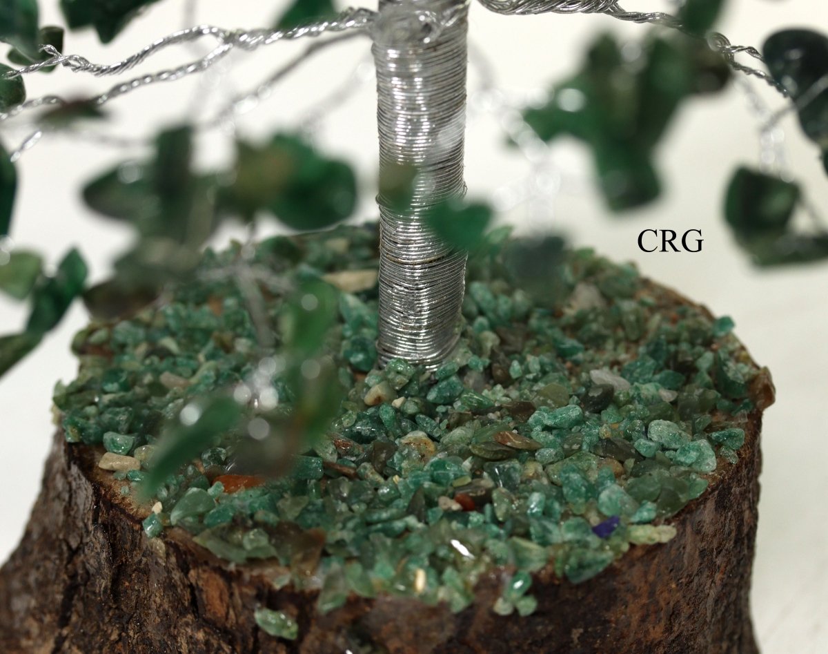 QTY 1 - Green Aventurine 500 Gem Tree with Wood Base and Silver Wire / 12-13" AVG