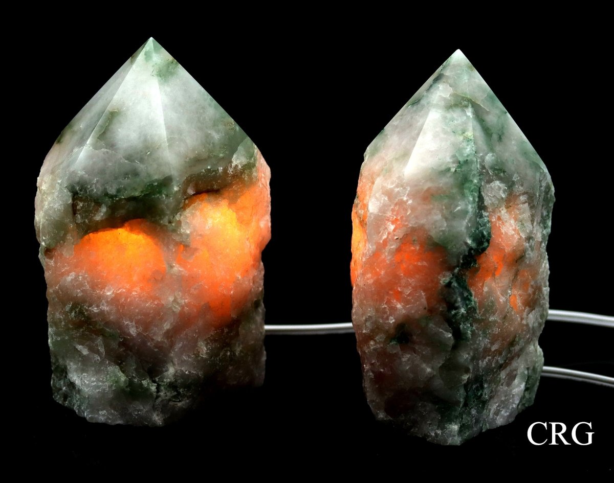 QTY 1 - Green & White Quartz Top-Polished Point Lamp - CORD AND BULB INCLUDED