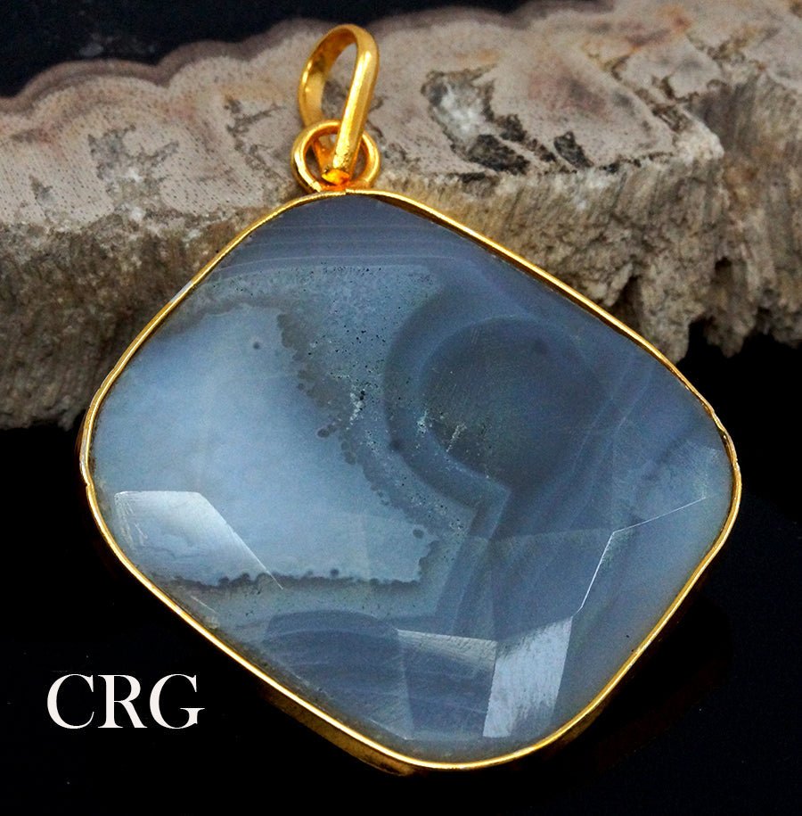 QTY 1 - Grey Agate Faceted Square Pendants with Gold Plating / 1.5" AVG