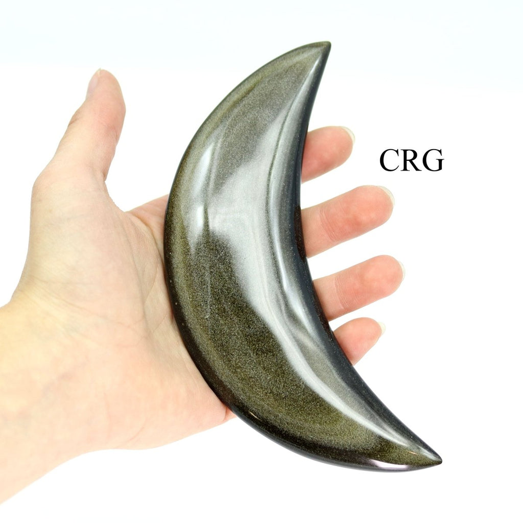 QTY 1 - Hand Carved Silver Sheen Black Obsidian Moon / 2.5-3.5" AVG