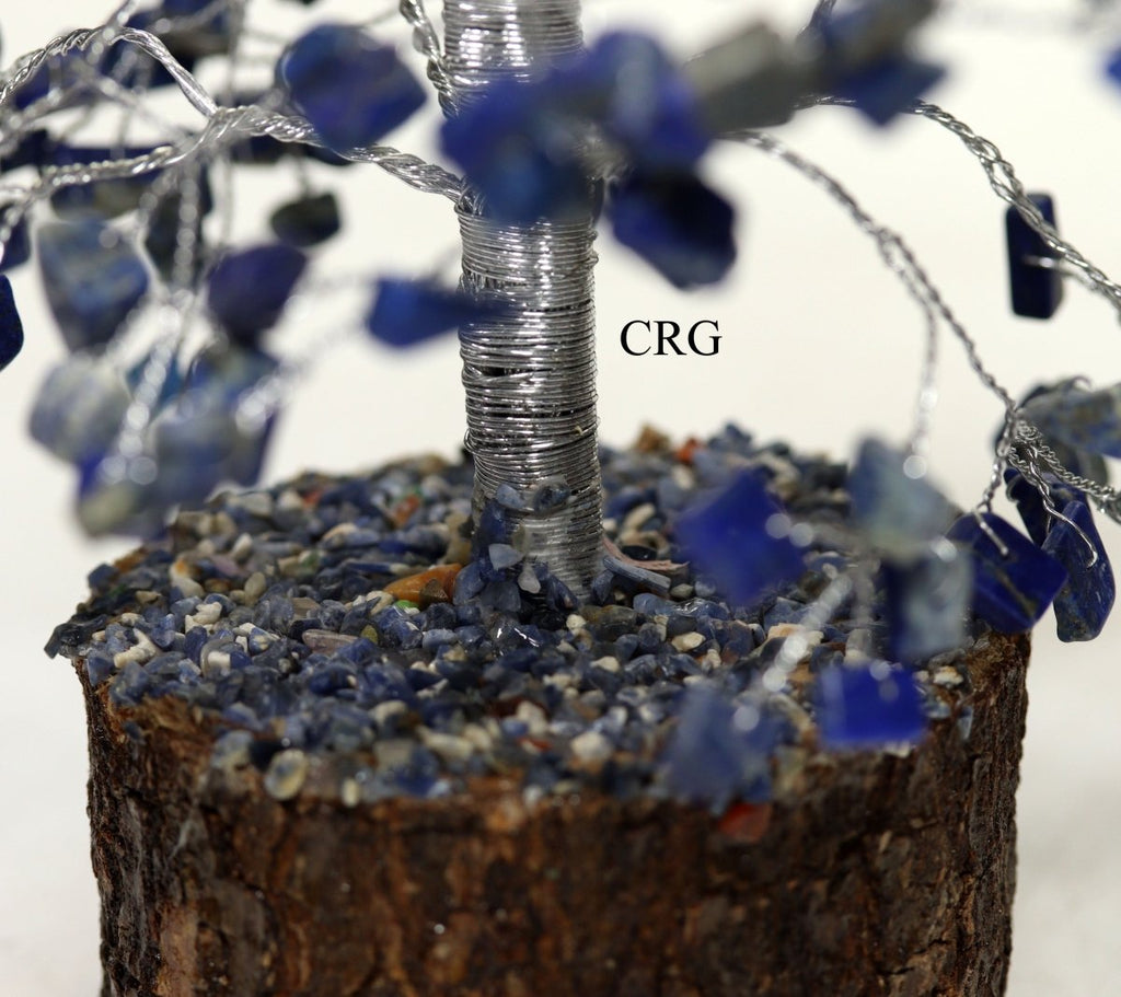 QTY 1 - Lapis 500 Gem Tree with Wood Base and Silver Wire / 12-13" AVG
