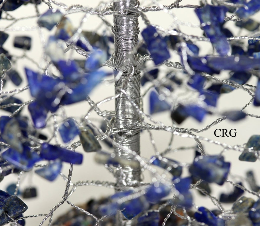QTY 1 - Lapis 500 Gem Tree with Wood Base and Silver Wire / 12-13" AVG
