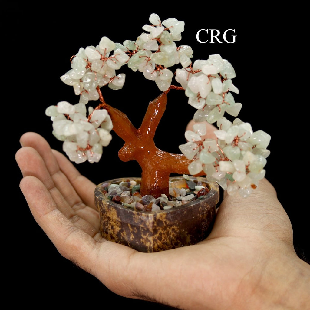 QTY 1 - Light Green Aventurine Bonsai Tree with Soapstone Base and Copper Wire / 5" AVG