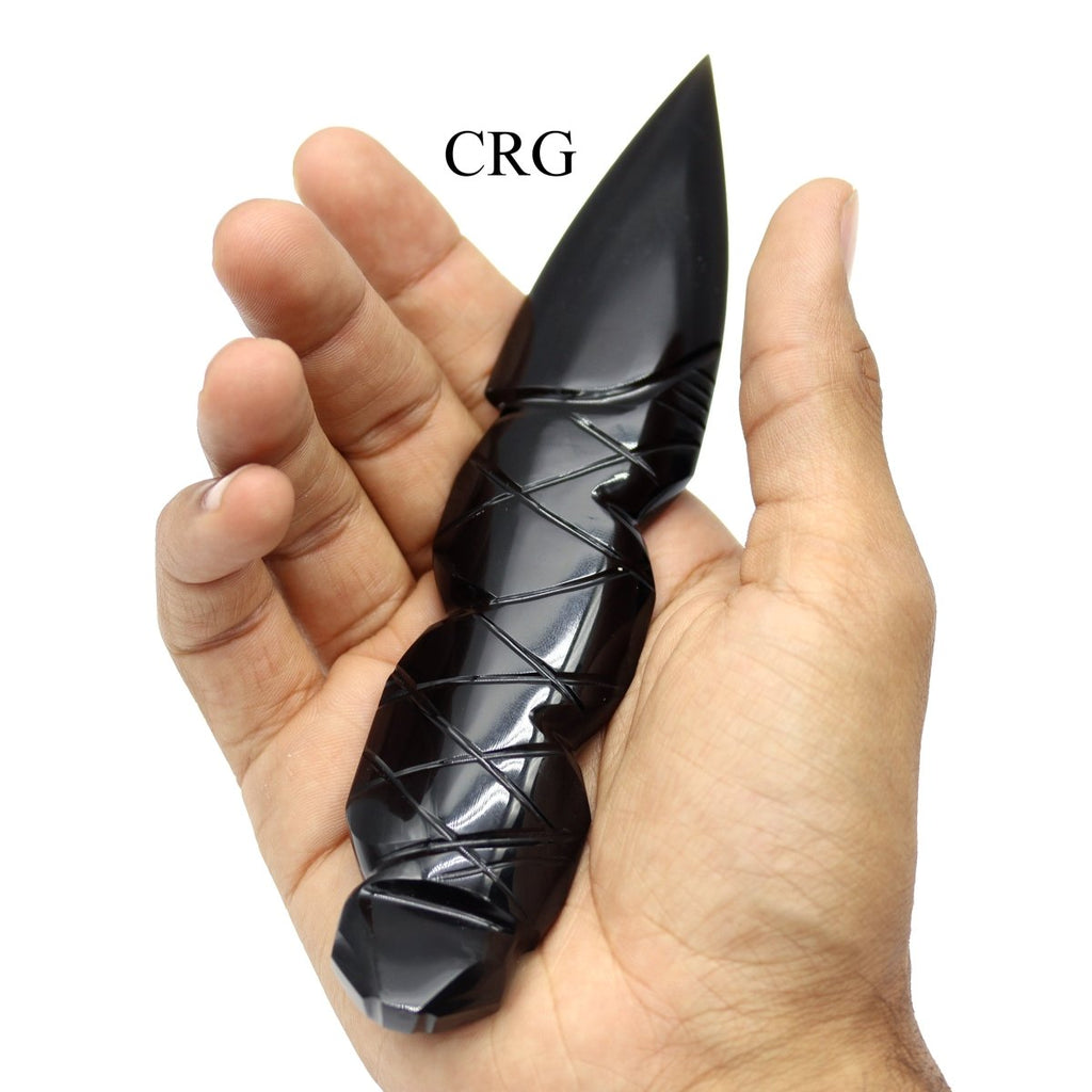 QTY 1 - Medium Black Obsidian Dagger w/ Etched Handle 6.5" AVG