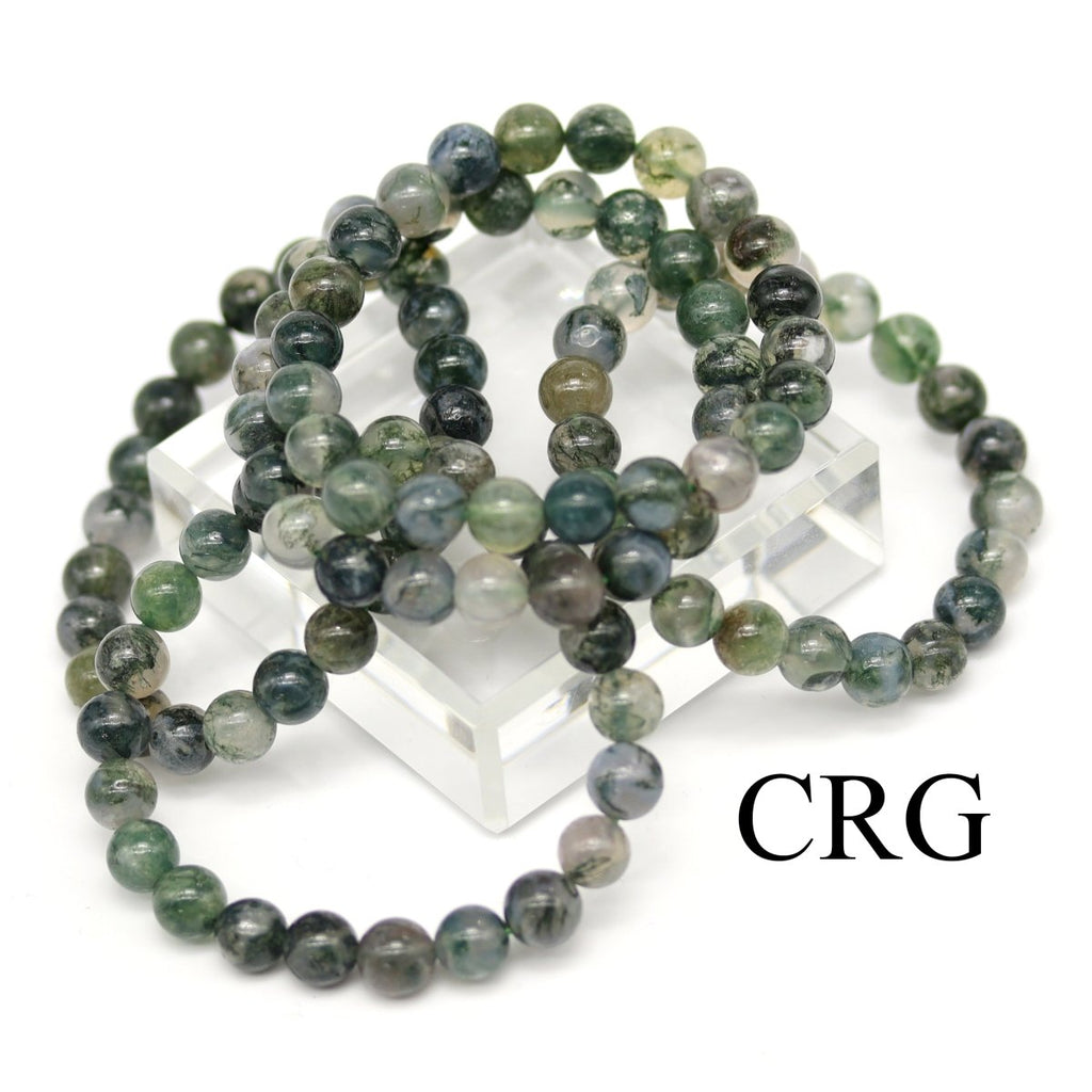 QTY 1 - Moss Agate Stretch Bracelet / 8 mm Round Beads