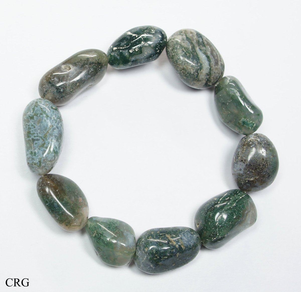 QTY 1 - Moss Agate Tumbled Bead Stretch Bracelet / 10-15mm AVG