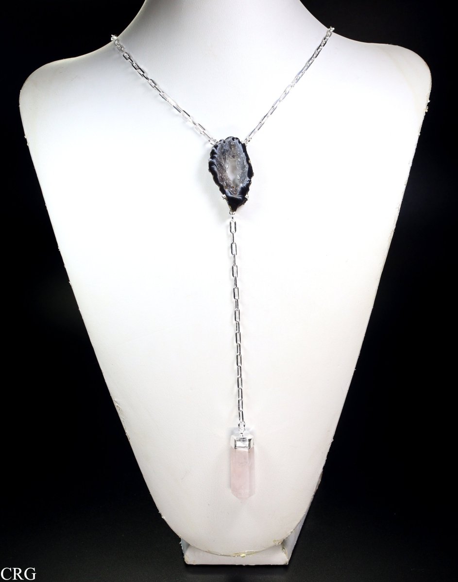 QTY 1 - Oco Geode Y-Chain Necklace with Rose Quartz Point and Silver Plating / 24"