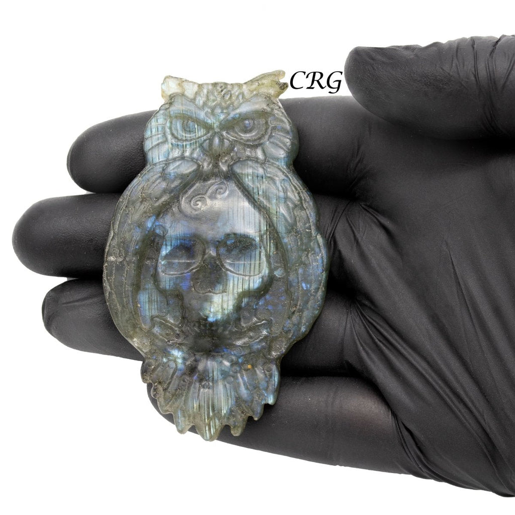 Qty 1 - Owl & Skull Labradorite Super Flash Carving