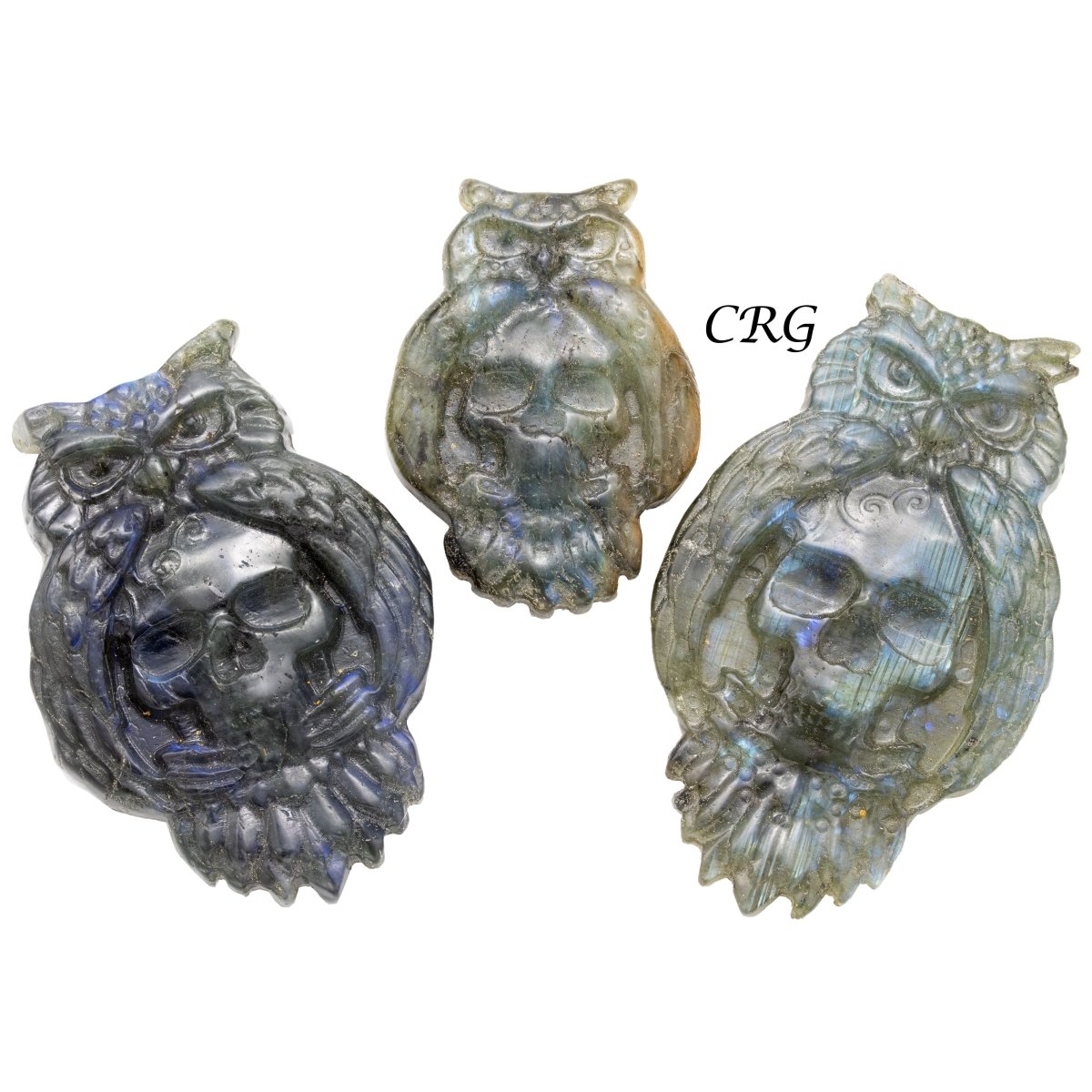 Qty 1 - Owl & Skull Labradorite Super Flash Carving