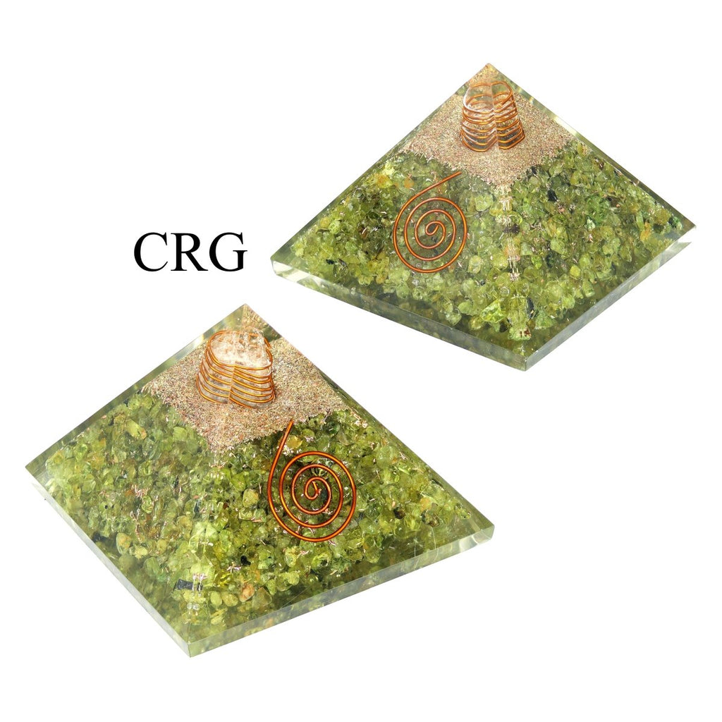 QTY 1 - Peridot Chip Orgonite Pyramid with Copper / 3" AVG