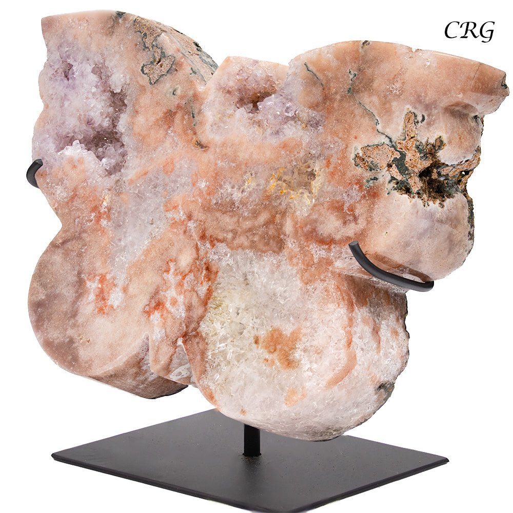 QTY 1 - Pink Amethyst Butterfly Carving on Metal Stand