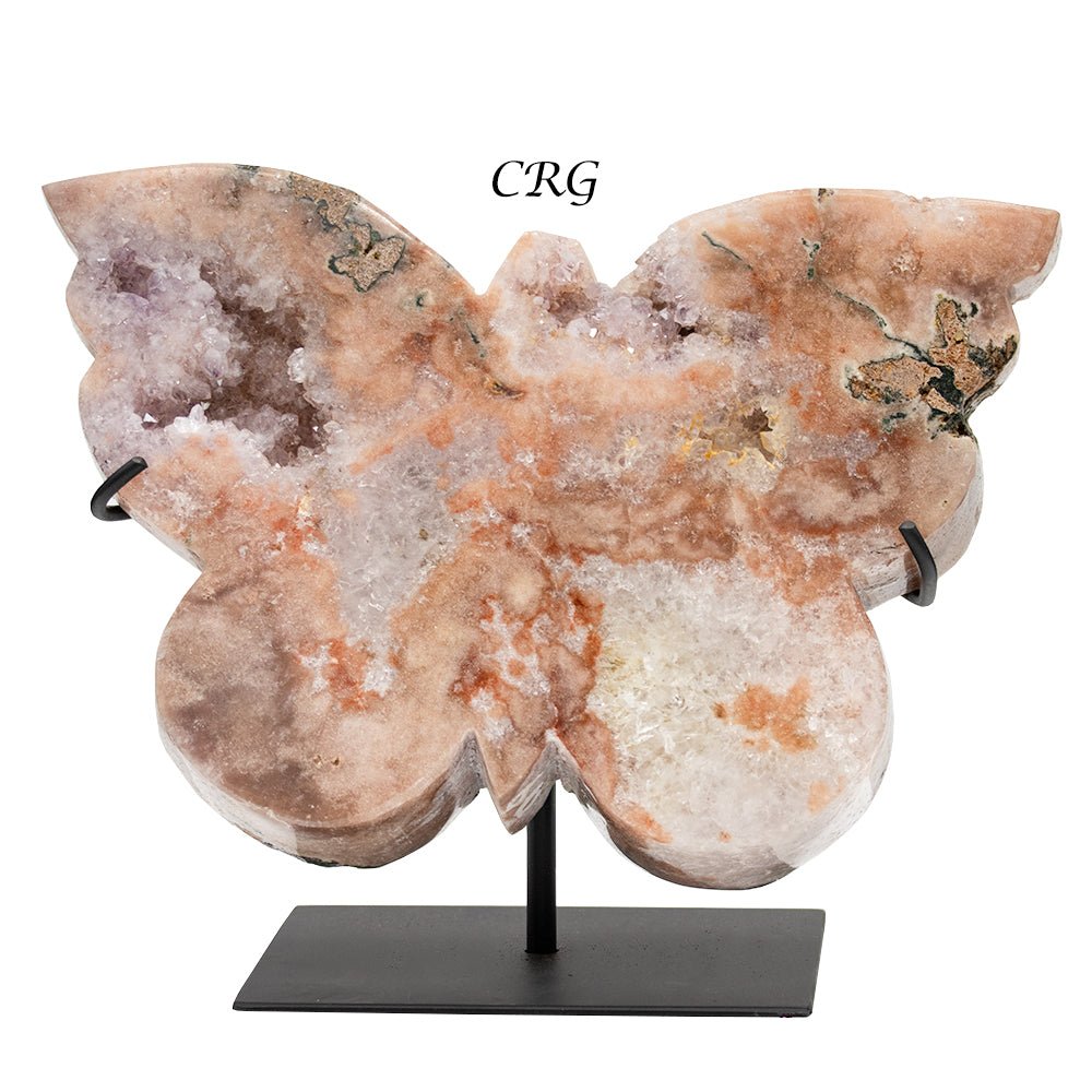 QTY 1 - Pink Amethyst Butterfly Carving on Metal Stand