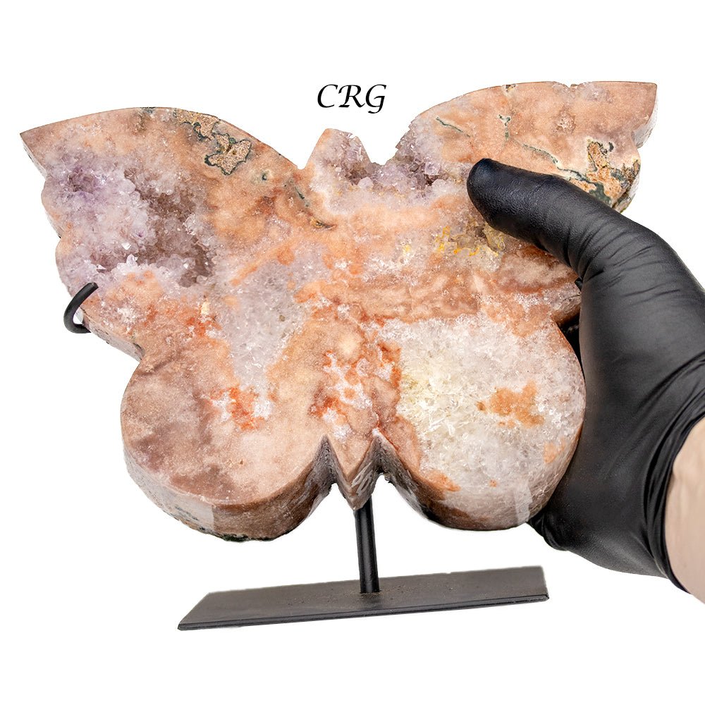 QTY 1 - Pink Amethyst Butterfly Carving on Metal Stand