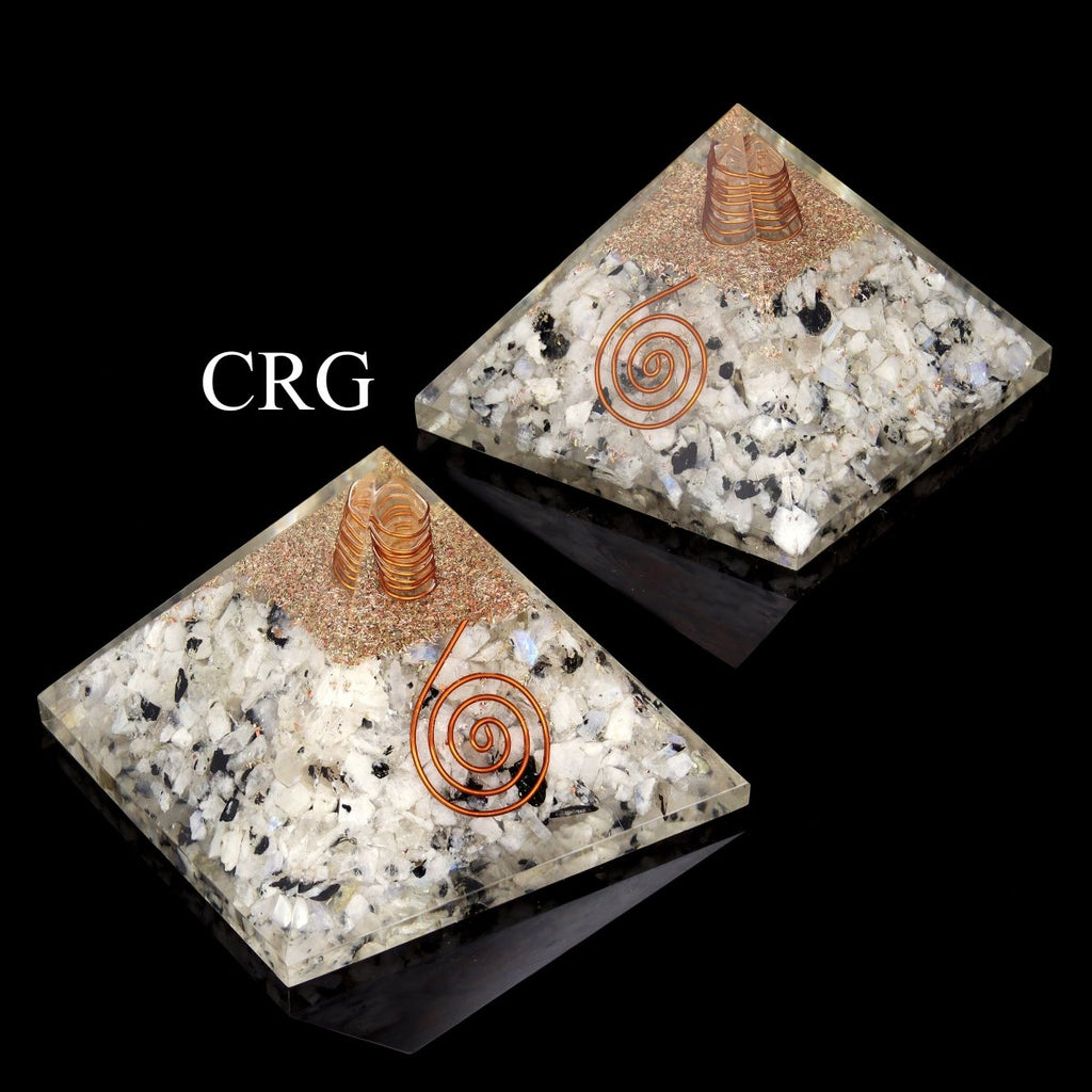 QTY 1 - Rainbow Moonstone Chip Orgonite Pyramid with Copper / 3" Avg