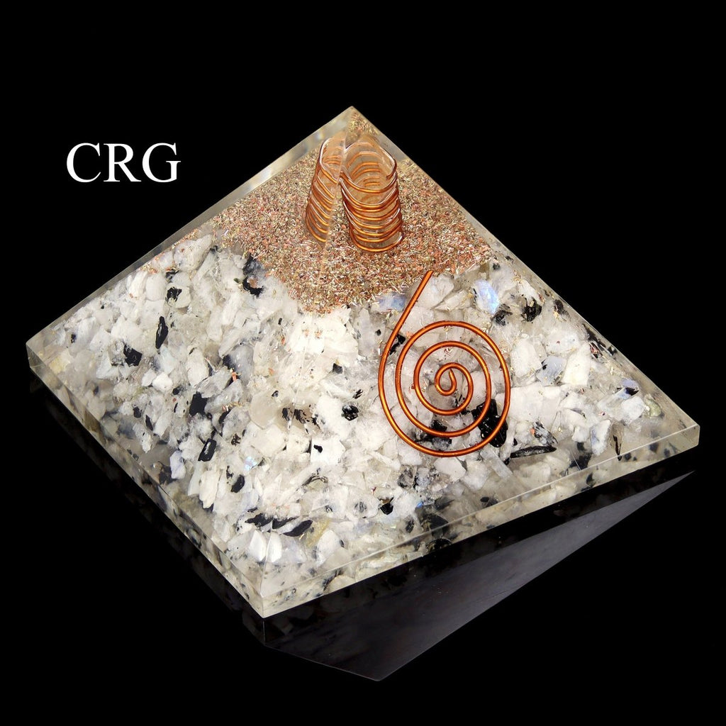 QTY 1 - Rainbow Moonstone Chip Orgonite Pyramid with Copper / 3" Avg
