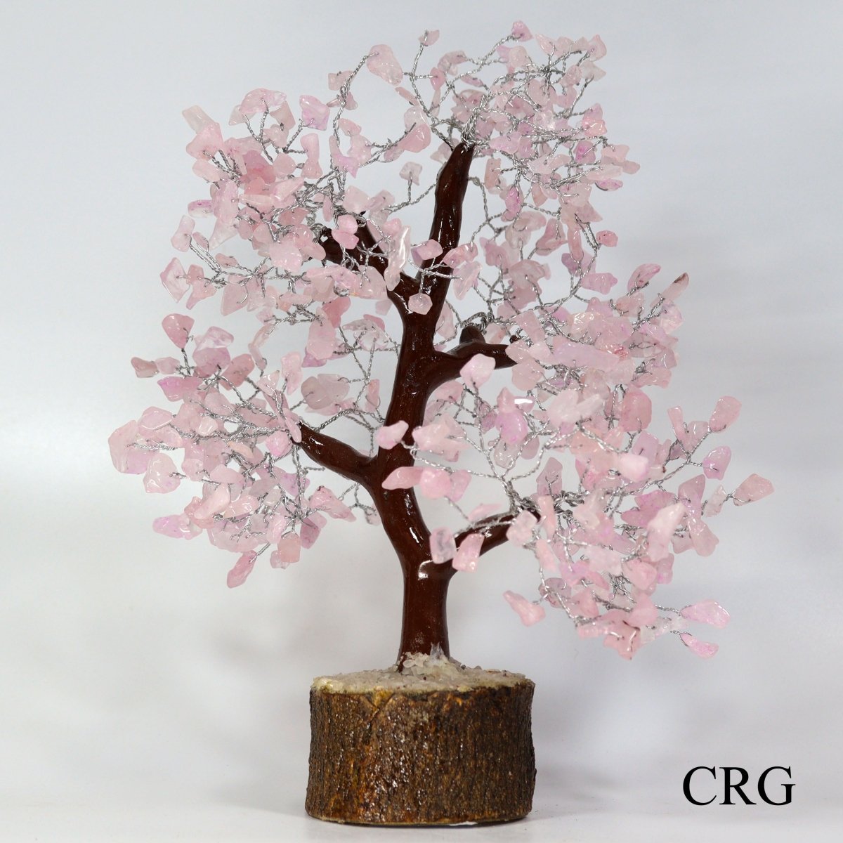 QTY 1 - Rose Quartz 500 Gemstone Chip Tree on Wood Base with Silver Wire / 12-13" AVG
