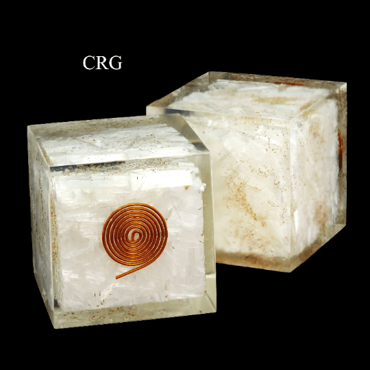 Selenite Chip Orgonite Cube with Copper Wire 2 Inches (1 Piece)