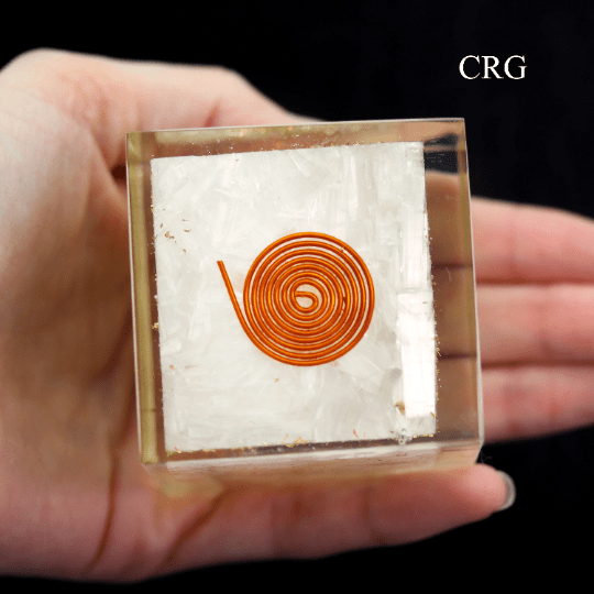 Selenite Chip Orgonite Cube with Copper Wire 2 Inches (1 Piece)
