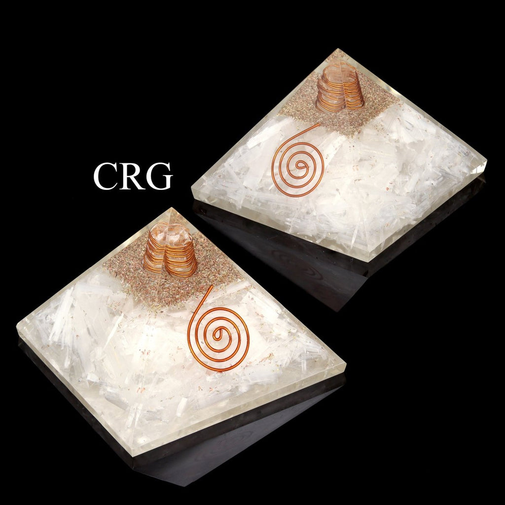 QTY 1 - Selenite Chip Orgonite Pyramid with Copper / 3" AVG