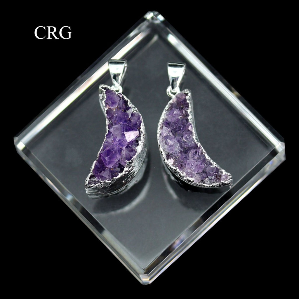 Amethyst Druzy Silver Plated Moon Pendant (1.5 Inches) (1 Piece)
