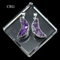 Amethyst Druzy Silver Plated Moon Pendant (1.5 Inches) (1 Piece)