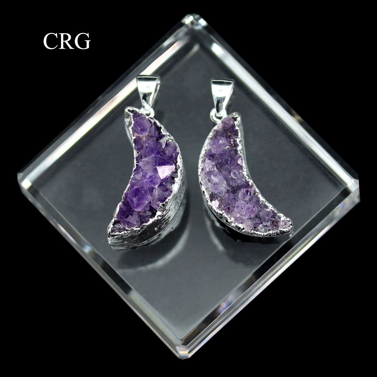 Amethyst Druzy Silver Plated Moon Pendant (1.5 Inches) (1 Piece)