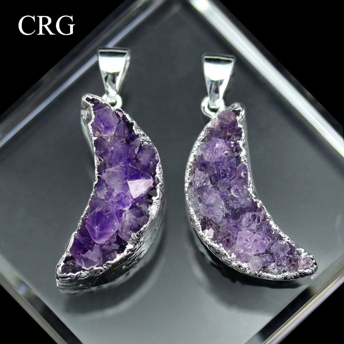 Amethyst Druzy Silver Plated Moon Pendant (1.5 Inches) (1 Piece)