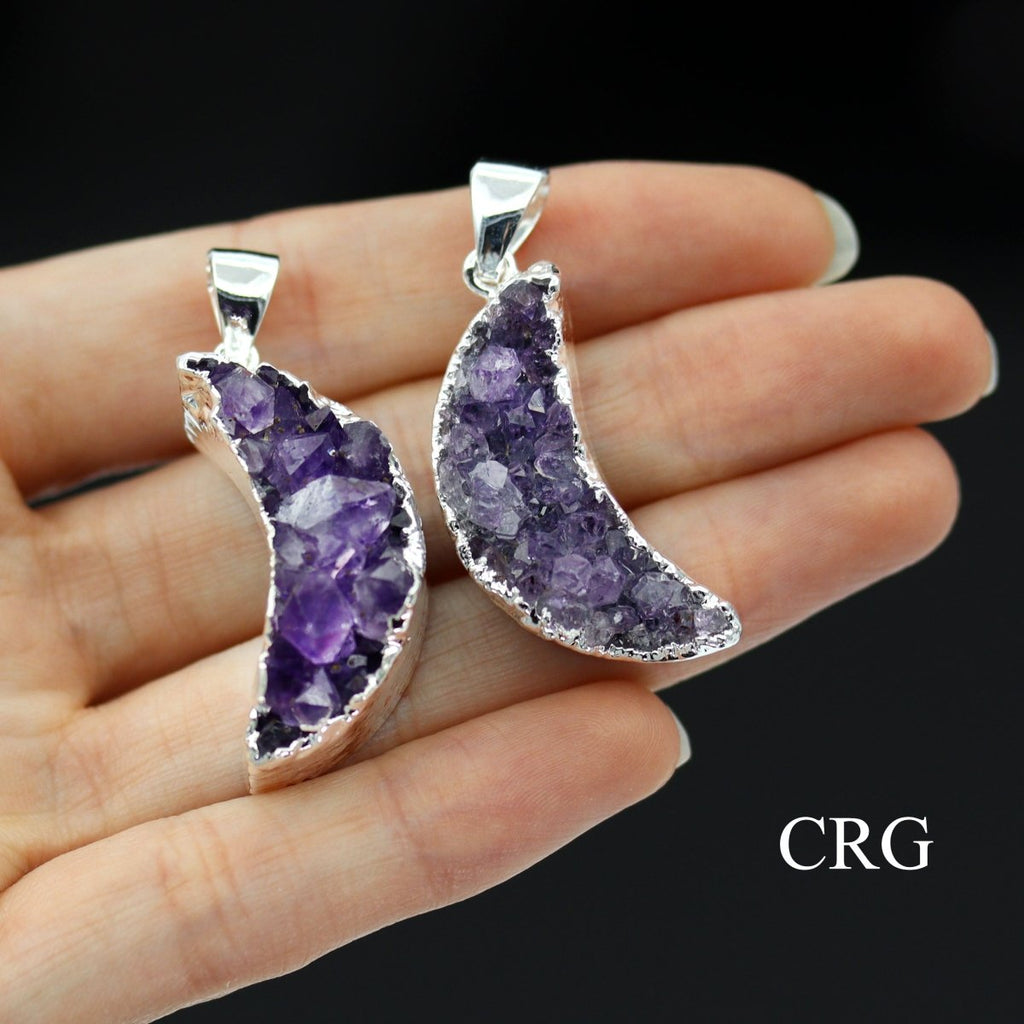 Amethyst Druzy Silver Plated Moon Pendant (1.5 Inches) (1 Piece)