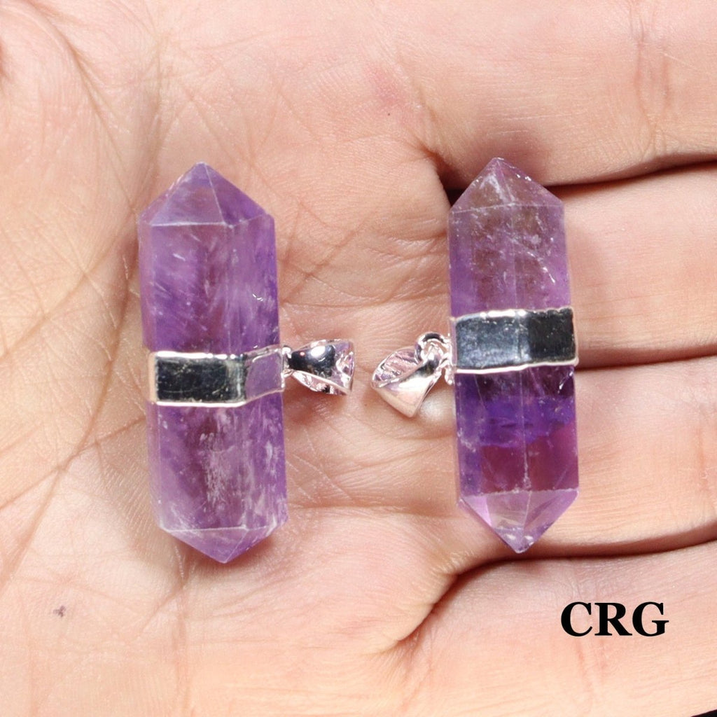 QTY 1 - Silver Plated Double Terminated Amethyst Pendant / 1.5" Avg
