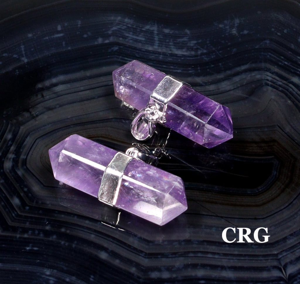 QTY 1 - Silver Plated Double Terminated Amethyst Pendant / 1.5" Avg