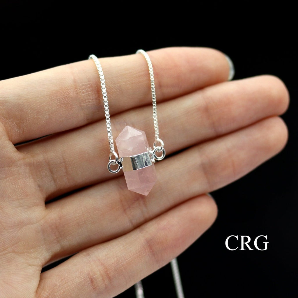 QTY 1 - Silver Plated Mini Bi-Terminated Rose Quartz Necklace