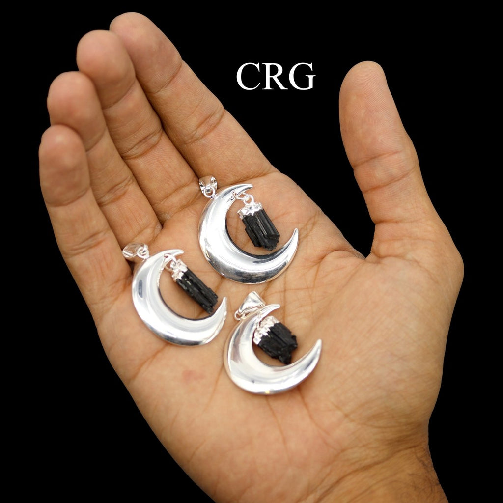 QTY 1 - Silver Plated Moon Pendant with Black Tourmaline / 4" Avg