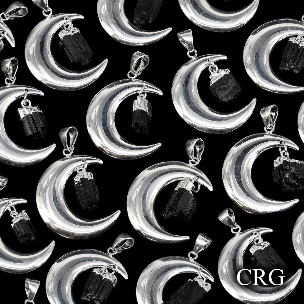 QTY 1 - Silver Plated Moon Pendant with Black Tourmaline / 4" Avg