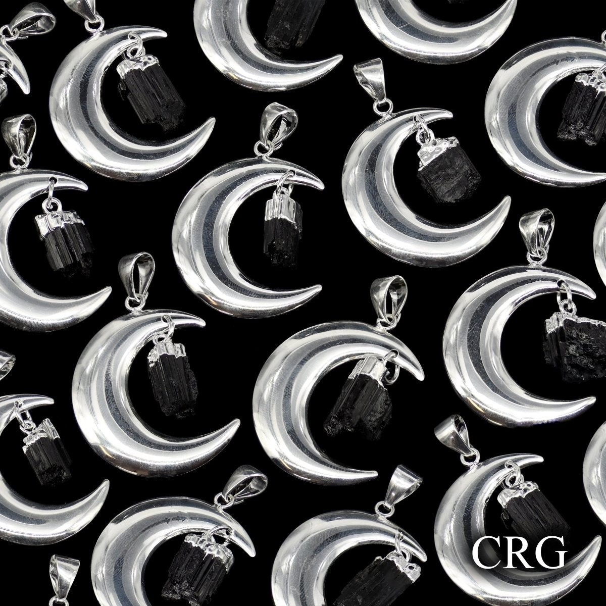 QTY 1 - Silver Plated Moon Pendant with Black Tourmaline / 4" Avg