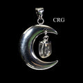 QTY 1 - Silver Plated Moon Pendant with Tumbled Clear Quartz / 4" Avg